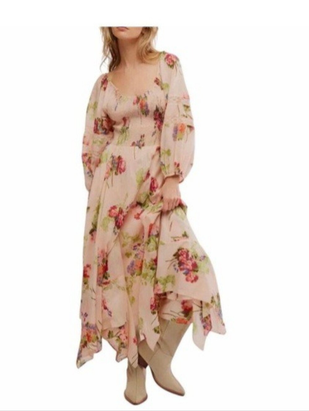 Free People Morning Glory Floral Smocked Long Sleeve Maxi Dress M